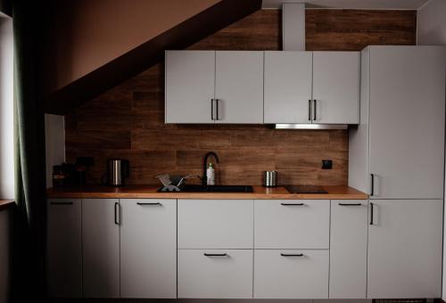 een keuken met witte kasten en een wastafel bij Apartament z widokiem Azyl Widoki in Wielkie Leżno