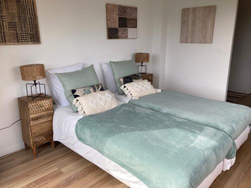 海濱布盧里斯的住宿－Le CUBE，一间卧室配有两张单人床和绿色床单