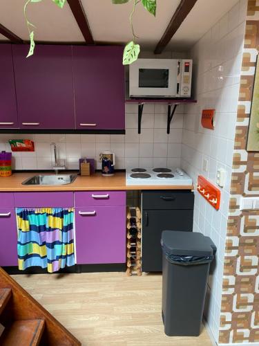 a kitchen with purple cabinets and a microwave at SOEPP hotel & restaurant in Alkmaar