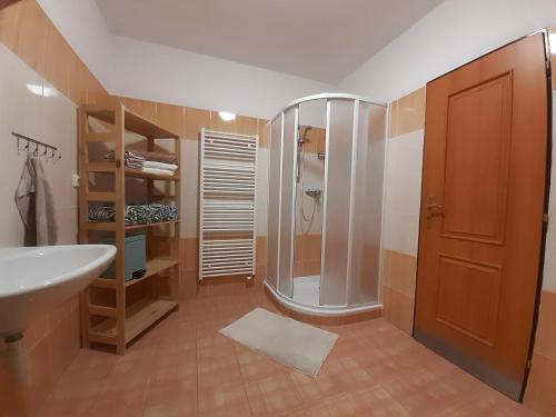 y baño con ducha y lavamanos. en Černá v Pošumaví Apartmán, en Černá v Pošumaví