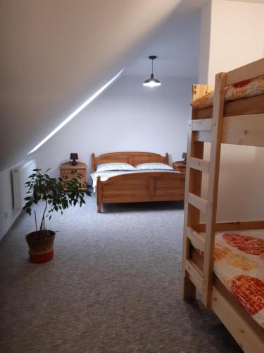 Un dormitorio con una cama y una planta en una habitación en Černá v Pošumaví Apartmán, en Černá v Pošumaví