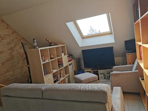 un salon avec un canapé et une télévision dans l'établissement laurilia, à Saint-Romain-sur-Cher