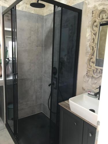 a shower with a glass door next to a sink at Stone house Chiara Seaview in Funtana