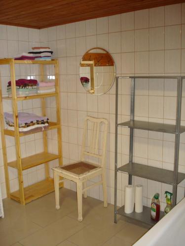 een kamer met een stoel, een spiegel en planken bij Appartement 25 qm mit Bad an der Mosel - Nähe Koblenz in Dieblich