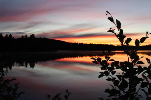 a view of a lake at sunset at Lakeview Houses Sweden - Red House in Svärdsjö