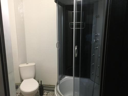 a bathroom with a toilet and a glass shower at Готель Максим Ресторан in Drogovyzhe