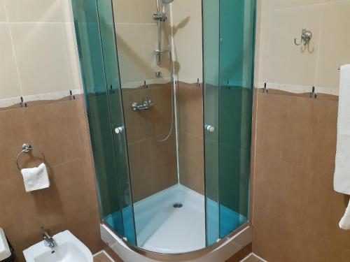 a shower with a glass door in a bathroom at In hotel in Kamianets-Podilskyi
