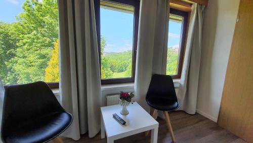 two chairs and a table in front of a window at Hotel Schneiderhof in Braunlage