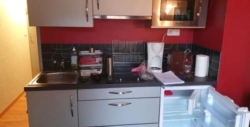 a kitchen with a sink and a counter top at studio moderne avec coin montagne la vallée blanche 2 La Foux d Allos in La Foux