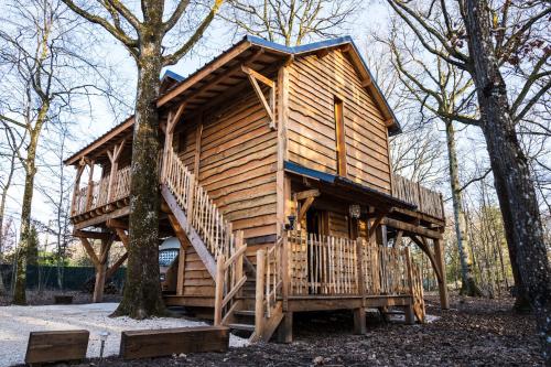 a wooden cabin in the woods with a tree at Charmante Cabane dans les arbres avec jacuzzi et sauna in Boismorand