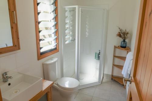 Noosa Rural Retreat في Pomona: حمام مع مرحاض ودش ومغسلة
