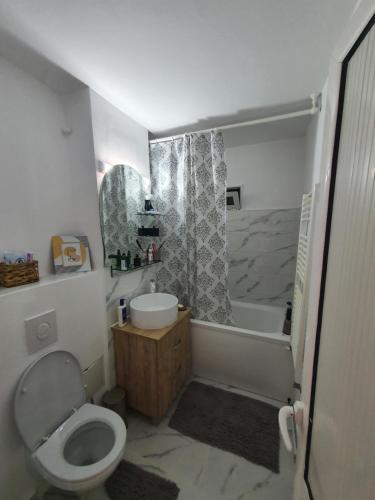 a bathroom with a toilet and a sink and a tub at Mândra Apartaments in Curtea de Argeş