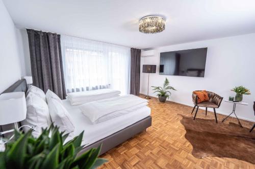 um quarto com uma cama, uma televisão e uma cadeira em City Wohnung FN L 5 KLIMATISIERT mit Balkon und Küche em Friedrichshafen
