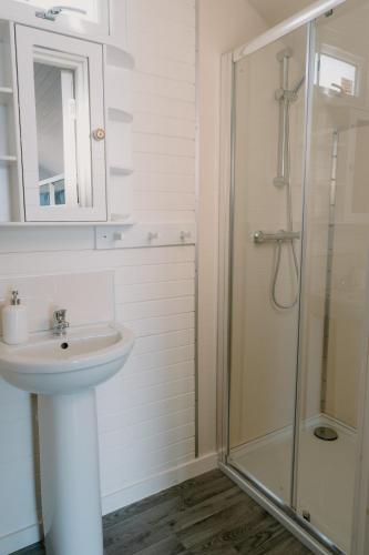 a bathroom with a sink and a shower at Strathy Bay Pods in Strathy