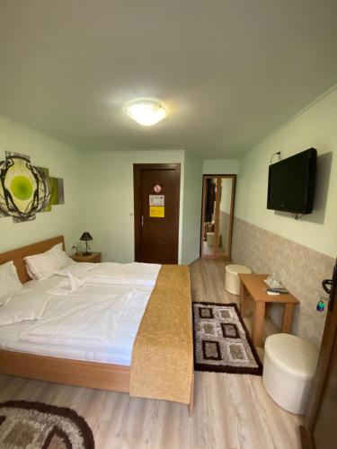 a bedroom with a large bed and a television at Casa Soare check-in independent in Sighişoara