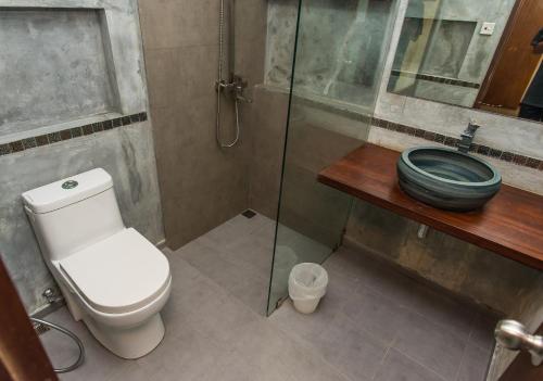 La salle de bains est pourvue de toilettes et d'une douche en verre. dans l'établissement Premier Beach, à Gulhi