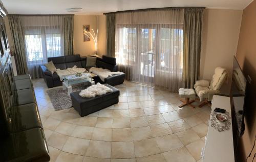 a living room with a couch and a table at Vicky's House in Bük