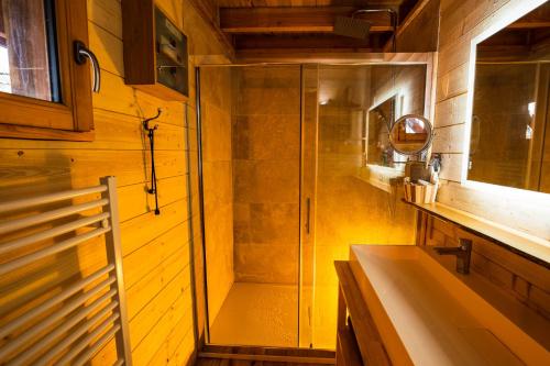 Ванна кімната в Charmante Cabane dans les arbres avec jacuzzi et sauna
