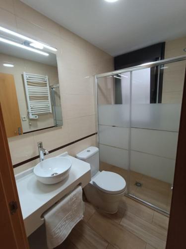 a bathroom with a toilet and a sink and a shower at Lara Cazorla in Cazorla