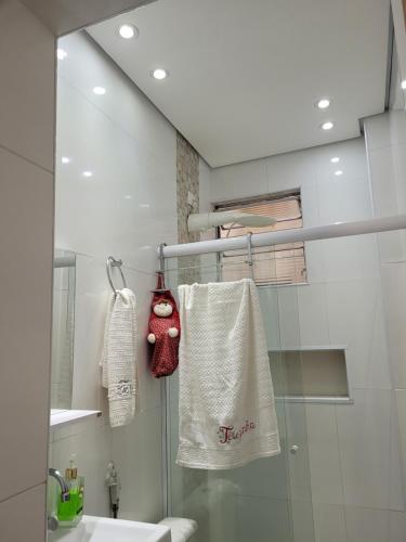 y baño con ducha, lavabo y toalla. en Conforto em São Vicente, en São Vicente