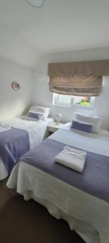 a bedroom with two beds with blue sheets and a window at Prairie's House in Temuco