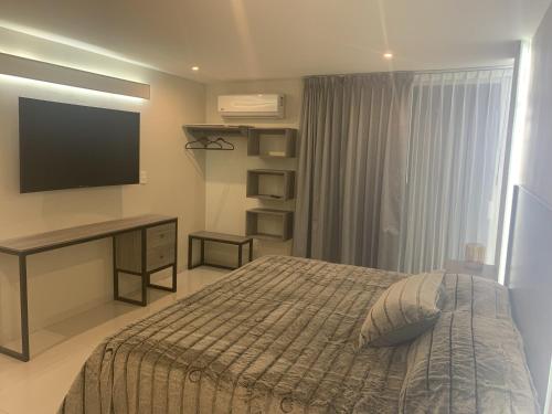 1 dormitorio con 1 cama y escritorio con TV en LA GRANDE MAISON en Aguascalientes