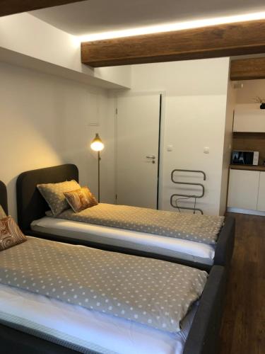 two beds sitting next to each other in a room at Maximo Apartments - free parking in Maribor