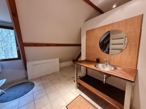 a bathroom with a sink and a mirror at Maison Rustique Familiale en Sologne avec Grands Espaces, Proche Châteaux de la Loire - FR-1-590-1 in Ardon