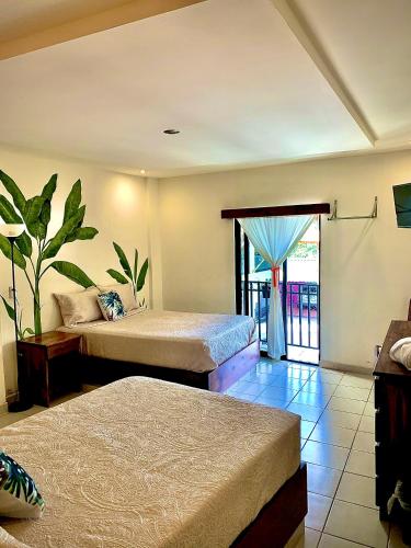 a bedroom with two beds and a large window at Hotel CaféNaranja Xilitla in Xilitla