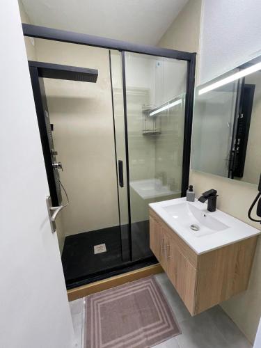 une salle de bain avec un lavabo et une douche en verre dans l'établissement F2 saint Cyprien Plage, à Saint-Cyprien