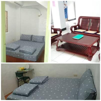 2 fotos de una sala de estar con sofá y mesa en 蘭嶼阿文的家二人套房, en Lanyu