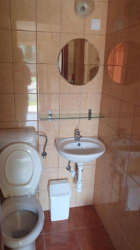 a bathroom with a toilet and a sink and a mirror at Sunshine SH apartmanház in Zamárdi