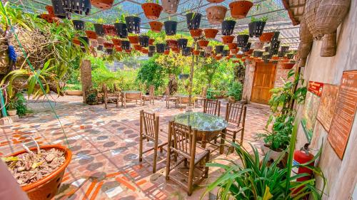 a patio with a table and chairs and plants at Tuan Nam Homestay in Ninh Binh