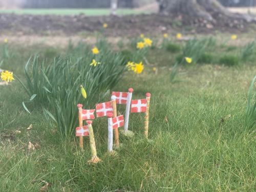 a small toy house in a field of grass at GÆSTEHUSET in Tarm
