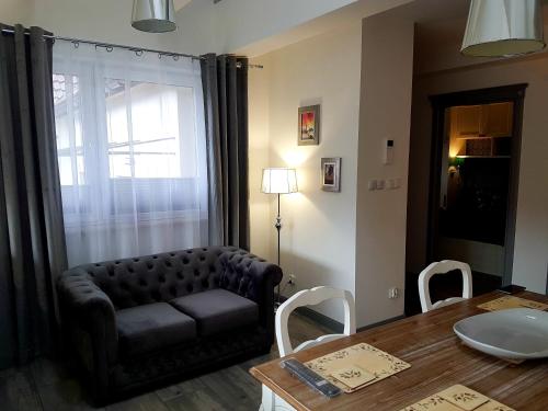 a living room with a couch and a table at Apartament Old England in Żywiec