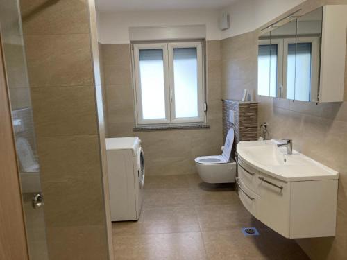 een badkamer met een wastafel, een toilet en een raam bij First Vrtovin Apartment in Črniče