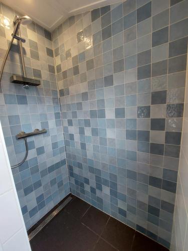 ein Bad mit einer Dusche mit blauen und grauen Fliesen in der Unterkunft Modern en chic chalet tot 4 personen op de Veluwe Recreatiepark De Oude Driest - All inclusive in Putten