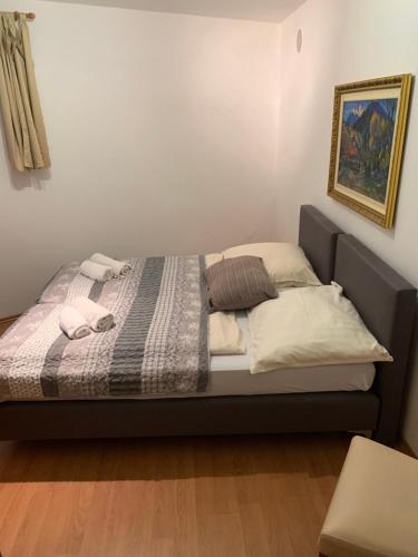 a bed with a blanket and pillows on it at Villa Alexandra Szentantalfa in Szentantalfa