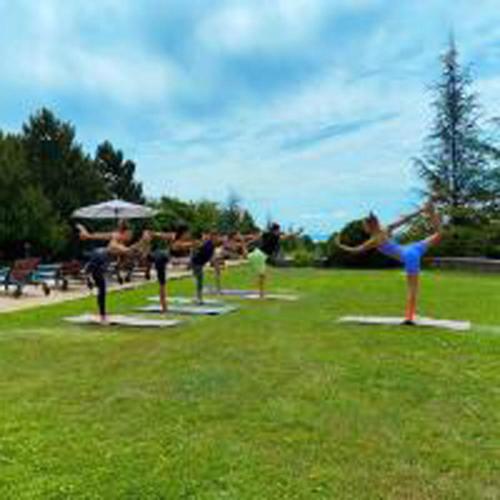 a group of people doing yoga in a park at Villa Alexandra Szentantalfa in Szentantalfa