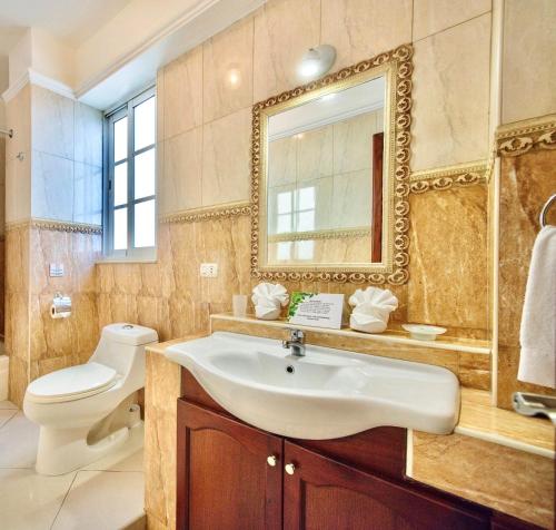 a bathroom with a sink and a toilet and a mirror at Hotel Shakey in Santo Domingo