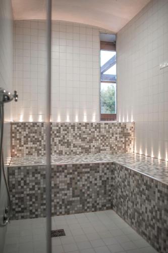 a tiled bathroom with a shower and a window at Cardo Boutique&Wine Resort in Málchina