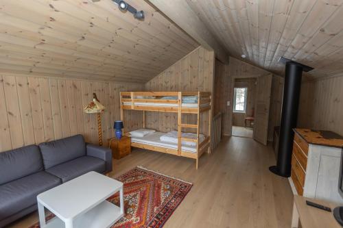 a living room with a couch and a bunk bed at Sirdal near Kjerag in Tjørhom