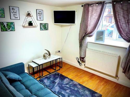 a living room with a blue couch and a tv at T-post guest house in South Milford