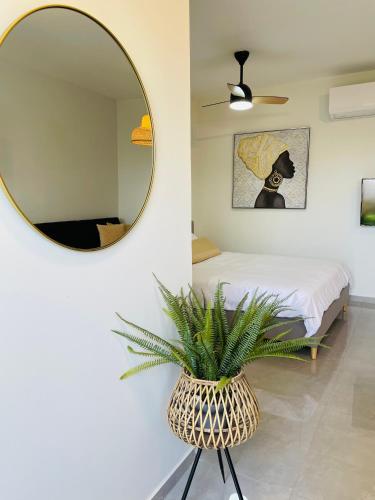 1 dormitorio con espejo y maceta en סוויטת רויאל שירה, en Eilat