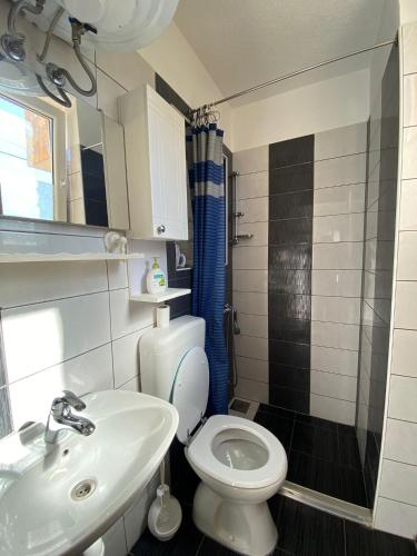 ein Badezimmer mit weißer Toilette und Waschbecken in der Unterkunft Studio apartment Elsa in Galižana