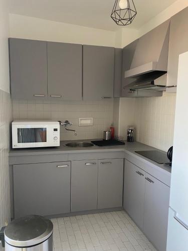 une cuisine avec un micro-ondes et un évier dans l'établissement JUAN LES PINS PINEDE TERRASSE, à Juan-les-Pins