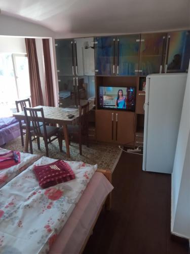 a living room with a bed and a tv and a table at Mercury Guest House in Veliko Tŭrnovo