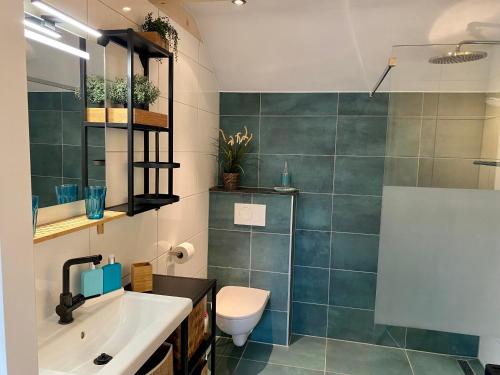 a bathroom with a toilet and a sink at Huisje Achterom in Thorn