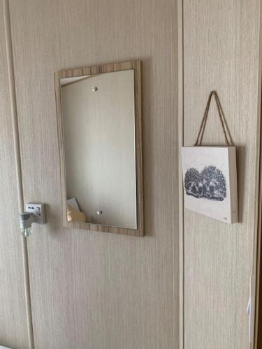 a mirror on a wall next to a door at A 'Small' Hideaway in Pakefield