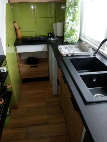 a kitchen with a sink and a counter top at Giżycko Studio Apartament in Giżycko